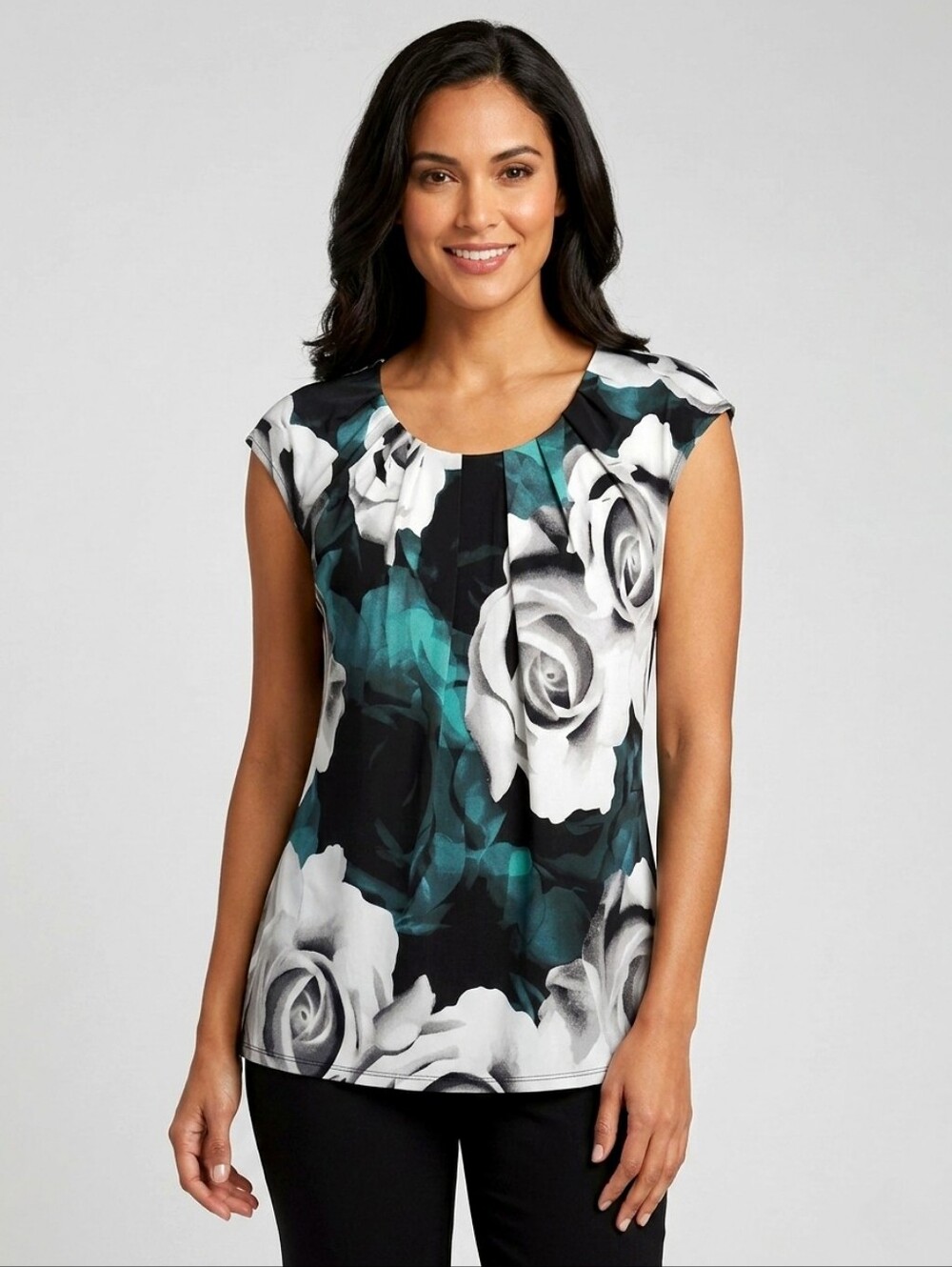 Worthington Floral Pleat Neckline Cap-Sleeve Top in Green & Black Blouse size XL